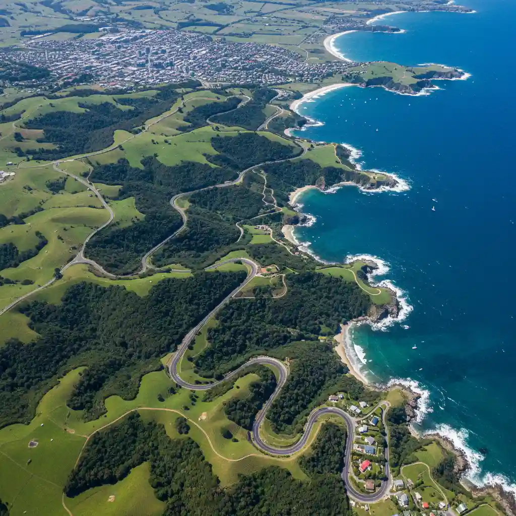 Aerial view of the coastal drive from Auckland to Leigh