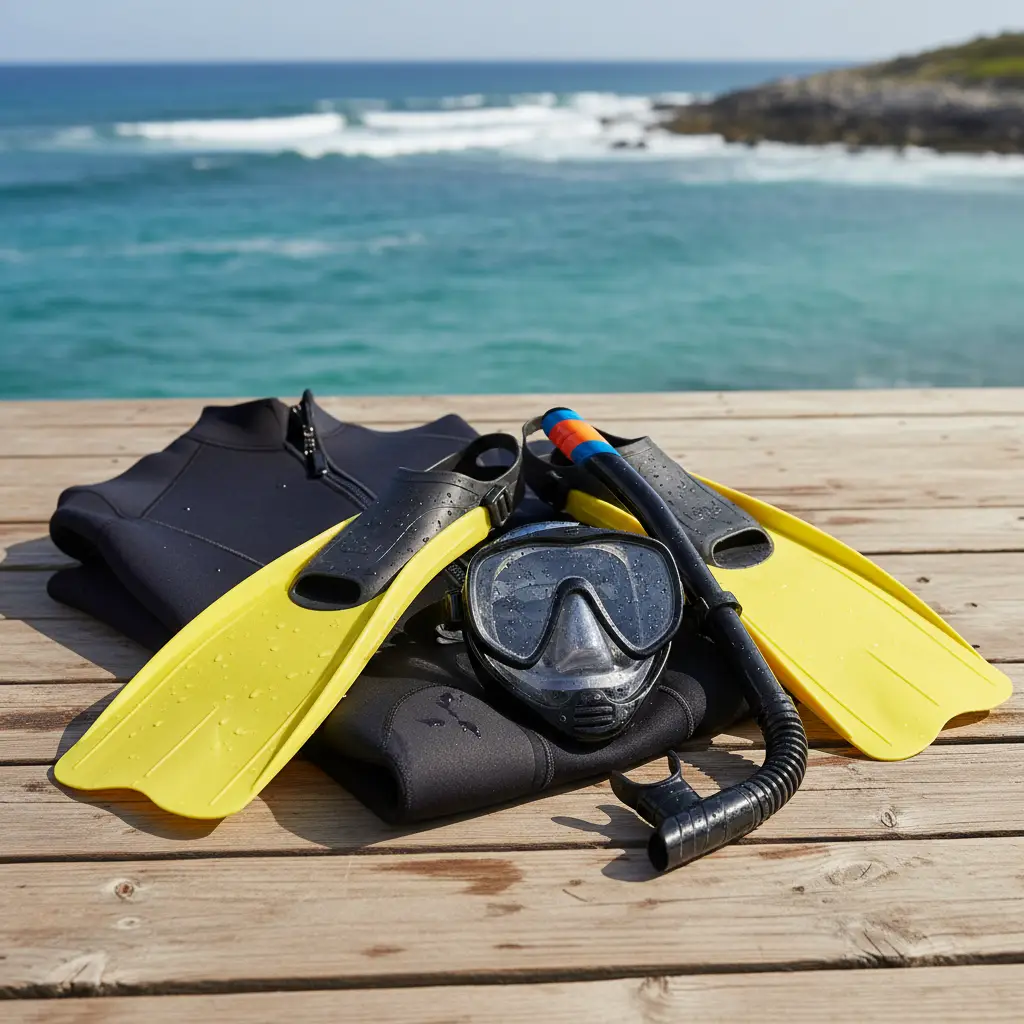 Complete snorkeling gear set including mask, fins, and wetsuit for Goat Island