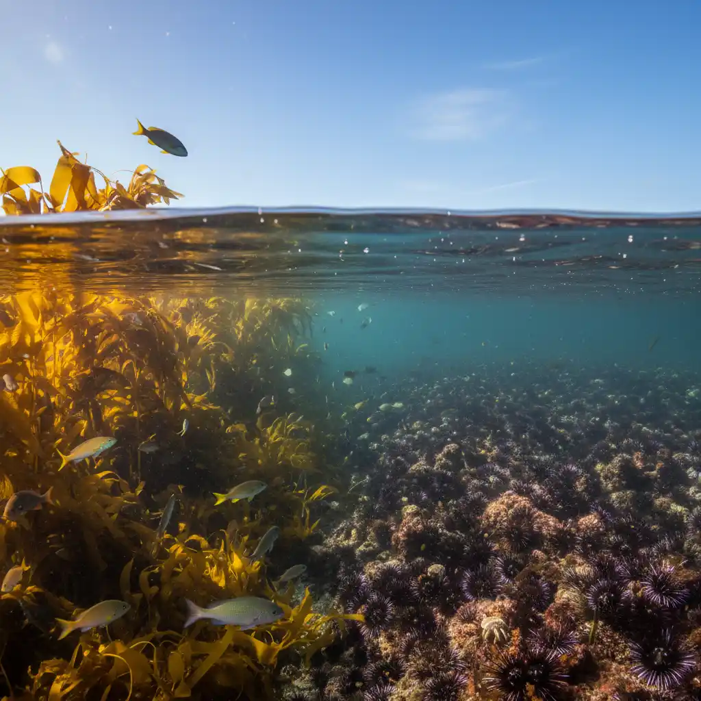 Split view comparing a lush kelp forest on the left and a desolate kina barren on the right