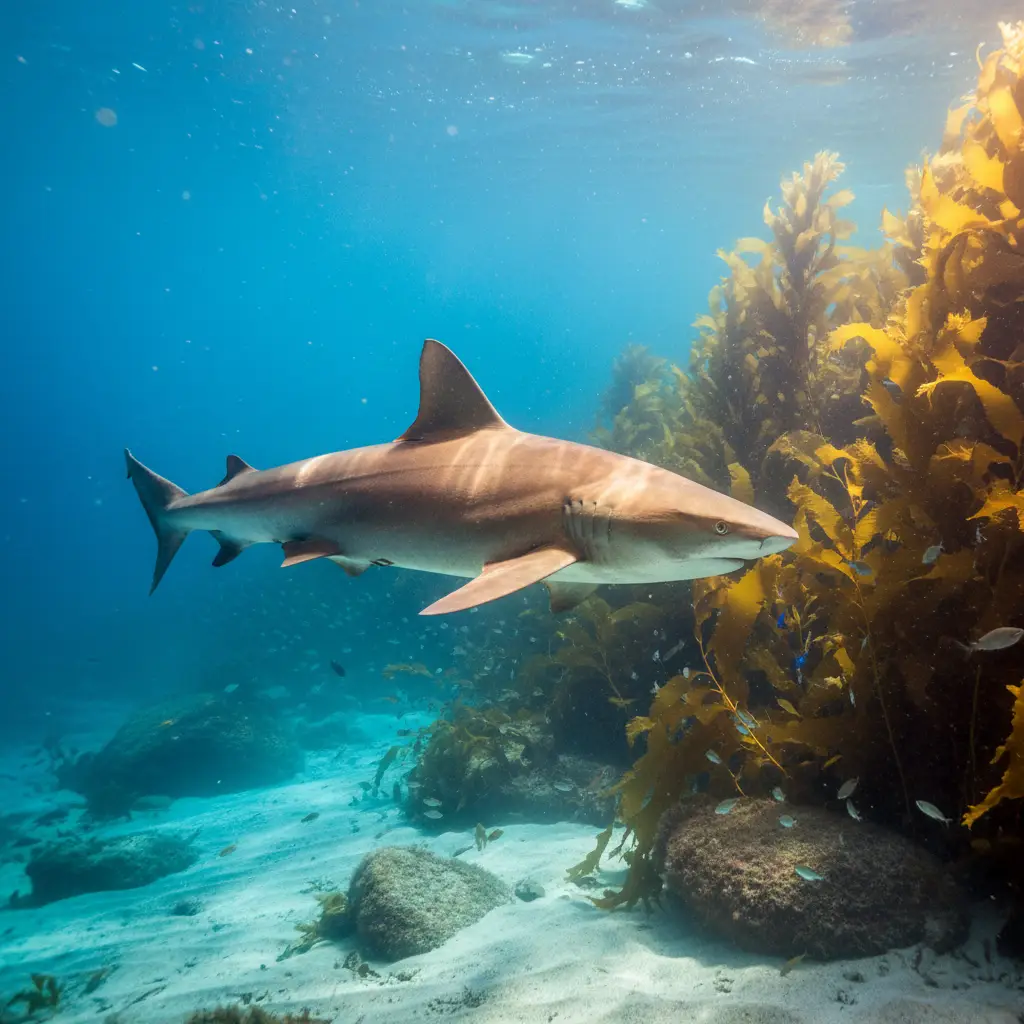 Bronze Whaler shark swimming in New Zealand marine reserve