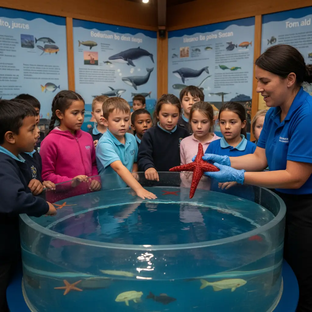 Students engaging with marine life at a discovery centre touch tank