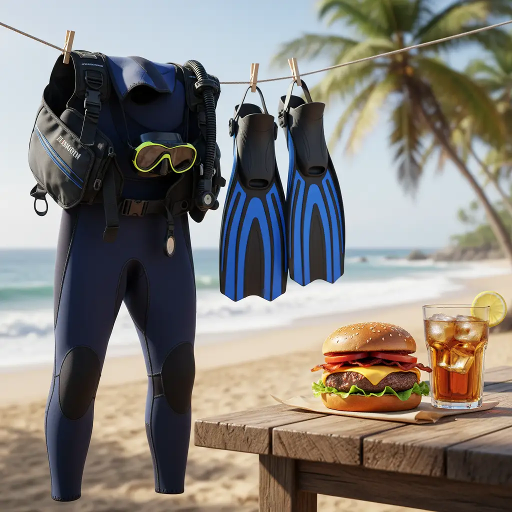 Post-dive lunch setting with diving gear and gourmet food