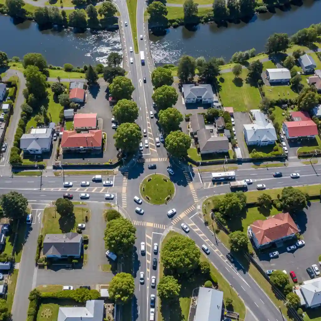Aerial view of the Hill Street intersection congestion in Warkworth