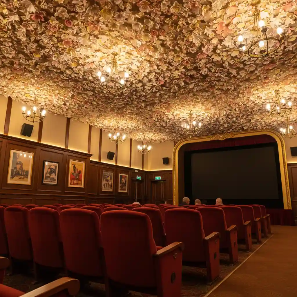 Interior of Matakana Cinemas featuring the famous paper flower ceiling