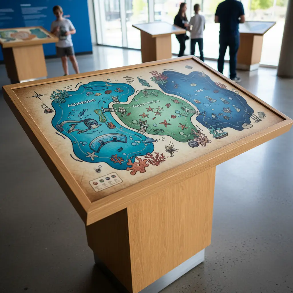 Illustrated Marine Discovery Centre map on a kiosk