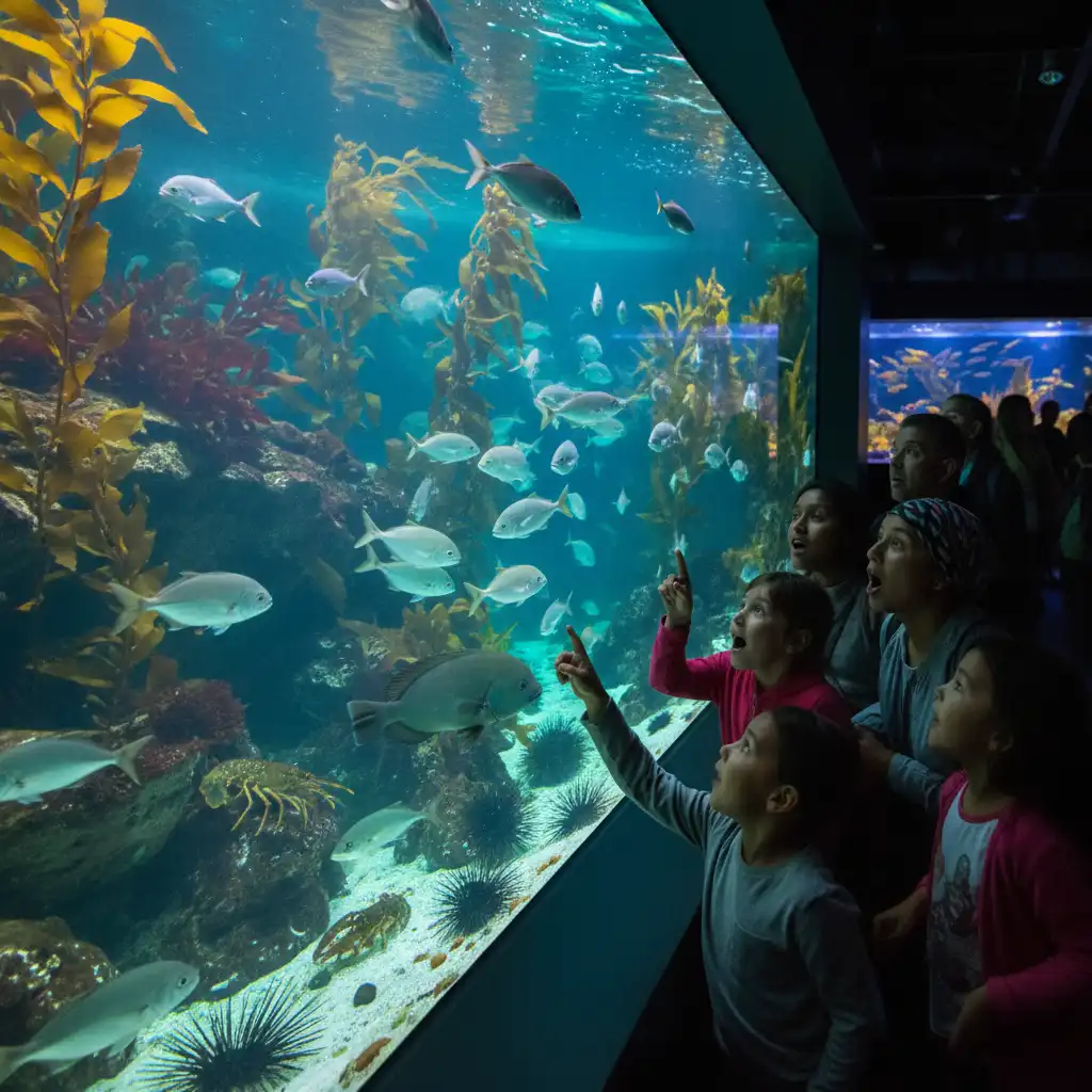 Group tour visitors observing native marine life in an aquarium