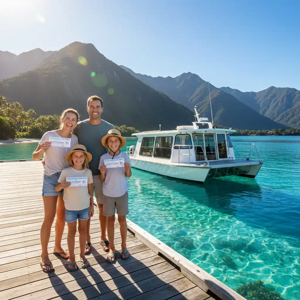 Family holding glass bottom boat tickets on a dock in New Zealand