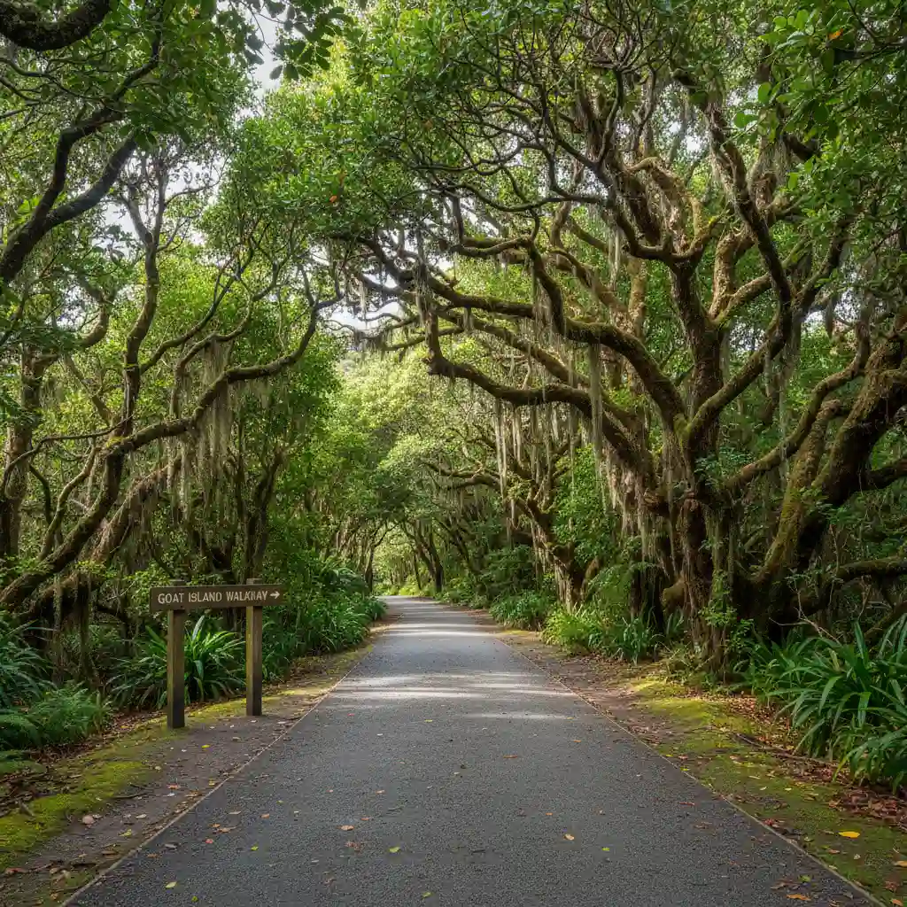 Entrance to the Goat Island Walkway surrounded by native New Zealand bush