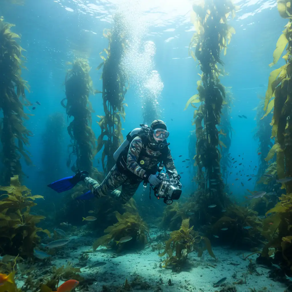 Diver in 7mm wetsuit exploring cold water kelp forest
