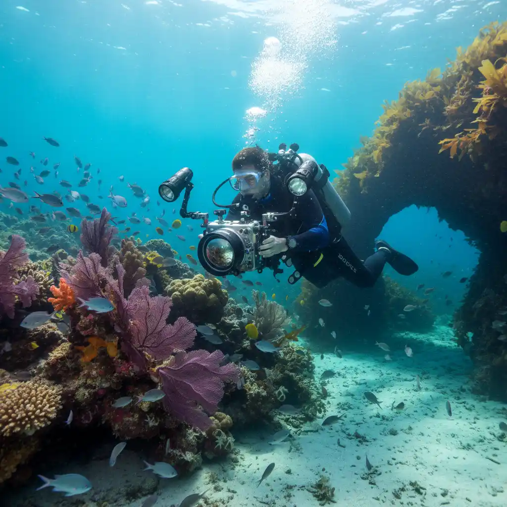 Diver with underwater camera rental gear in Auckland