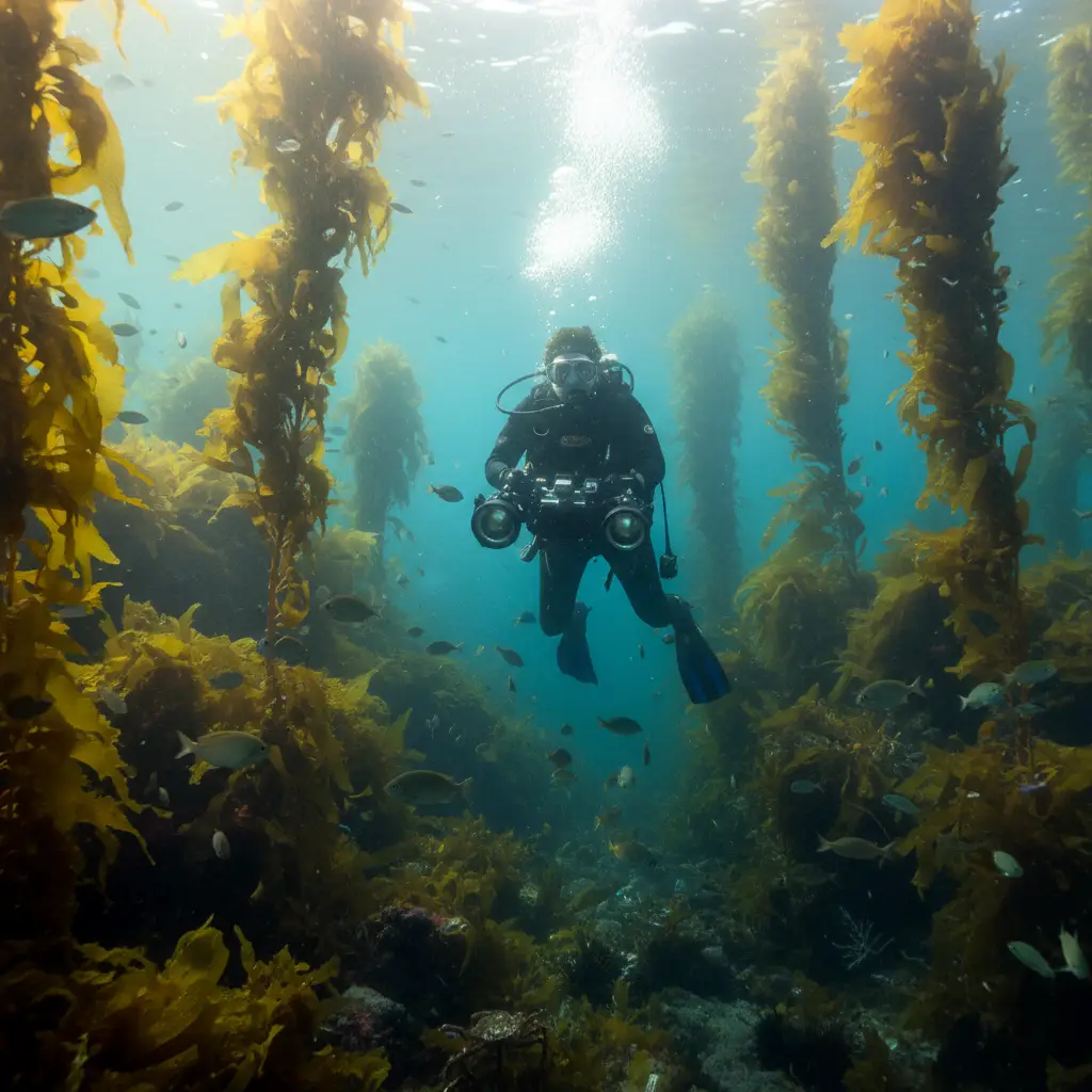 Diver in New Zealand kelp forest with low light conditions