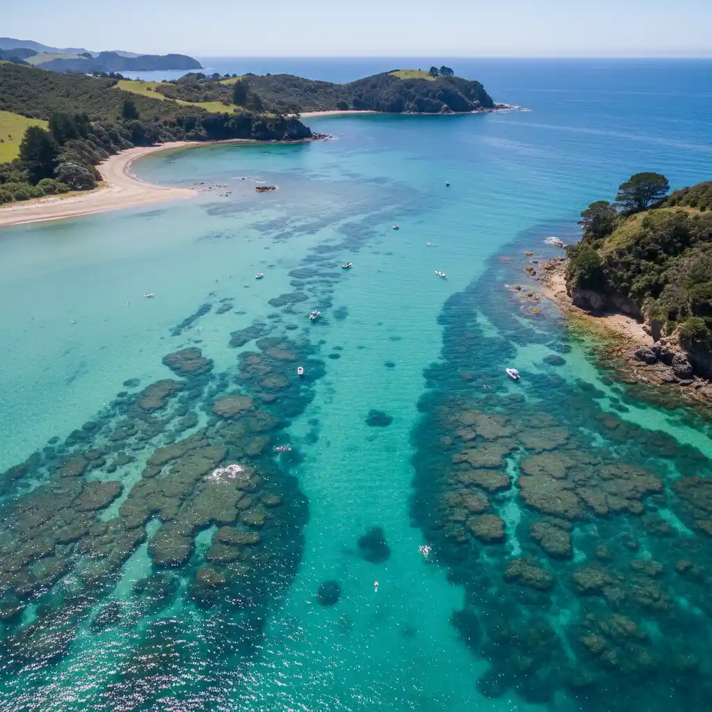Aerial view of Goat Island Marine Reserve showing dive site locations