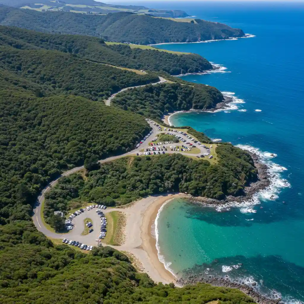 Aerial view of parking at Goat Island Marine Reserve showing upper and lower lots