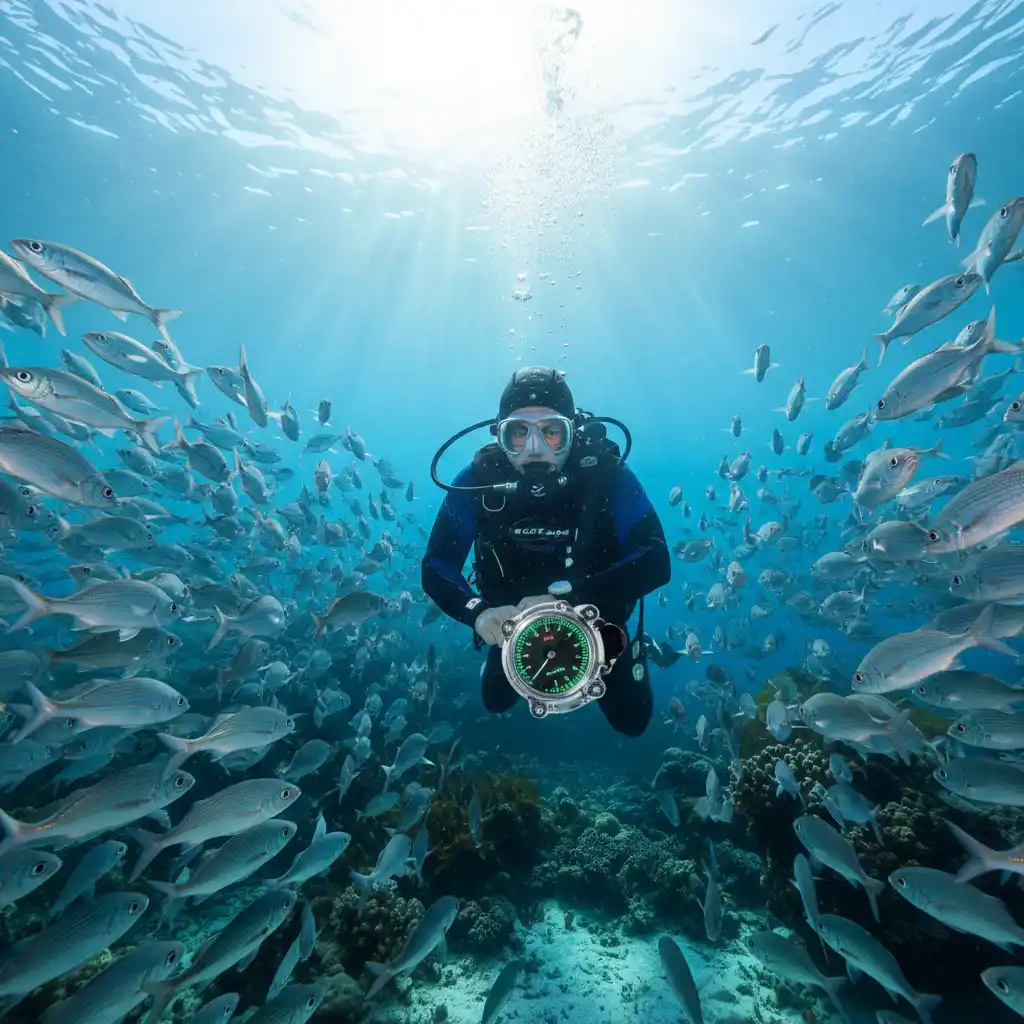 Diver checking conditions in clear water at Goat Island