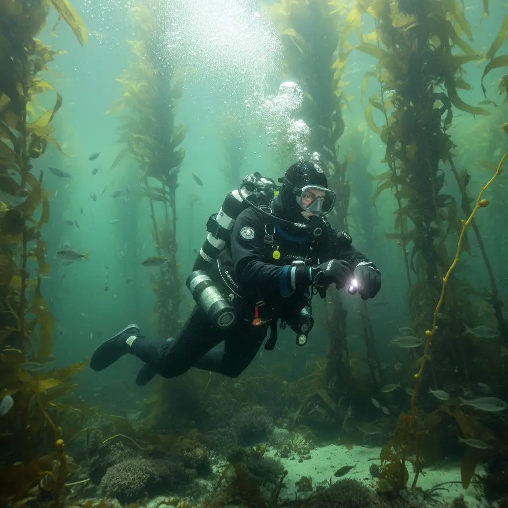 Technical diver exploring NZ kelp forest in a drysuit