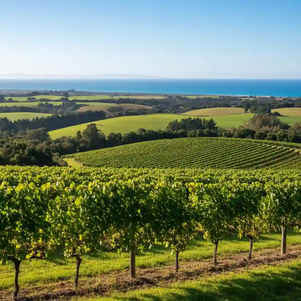 Scenic view of Matakana vineyards overlooking the coast