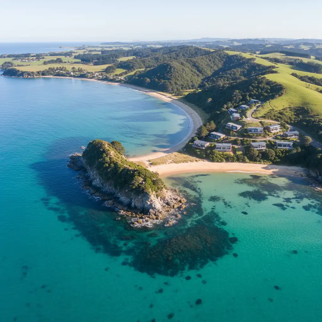 Aerial view of accommodation near Goat Island Marine Reserve coastline