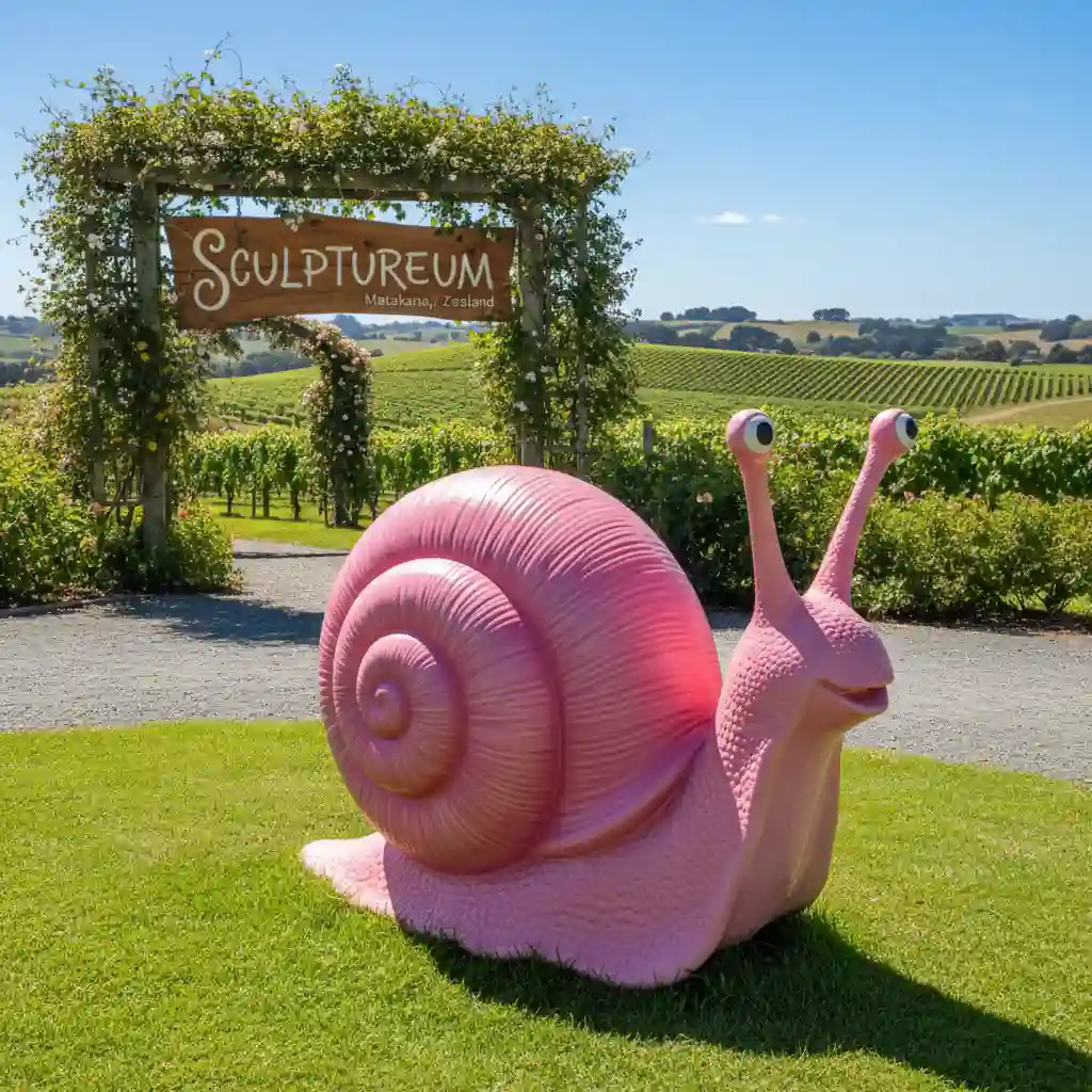 Sculptureum entry signage with pink snail sculpture