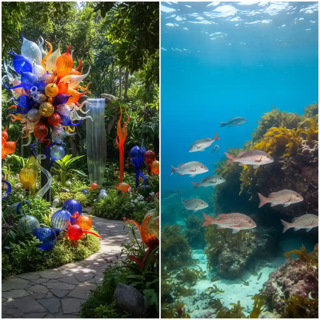 Comparison between the artistic gardens of Sculptureum and the underwater marine life of Goat Island