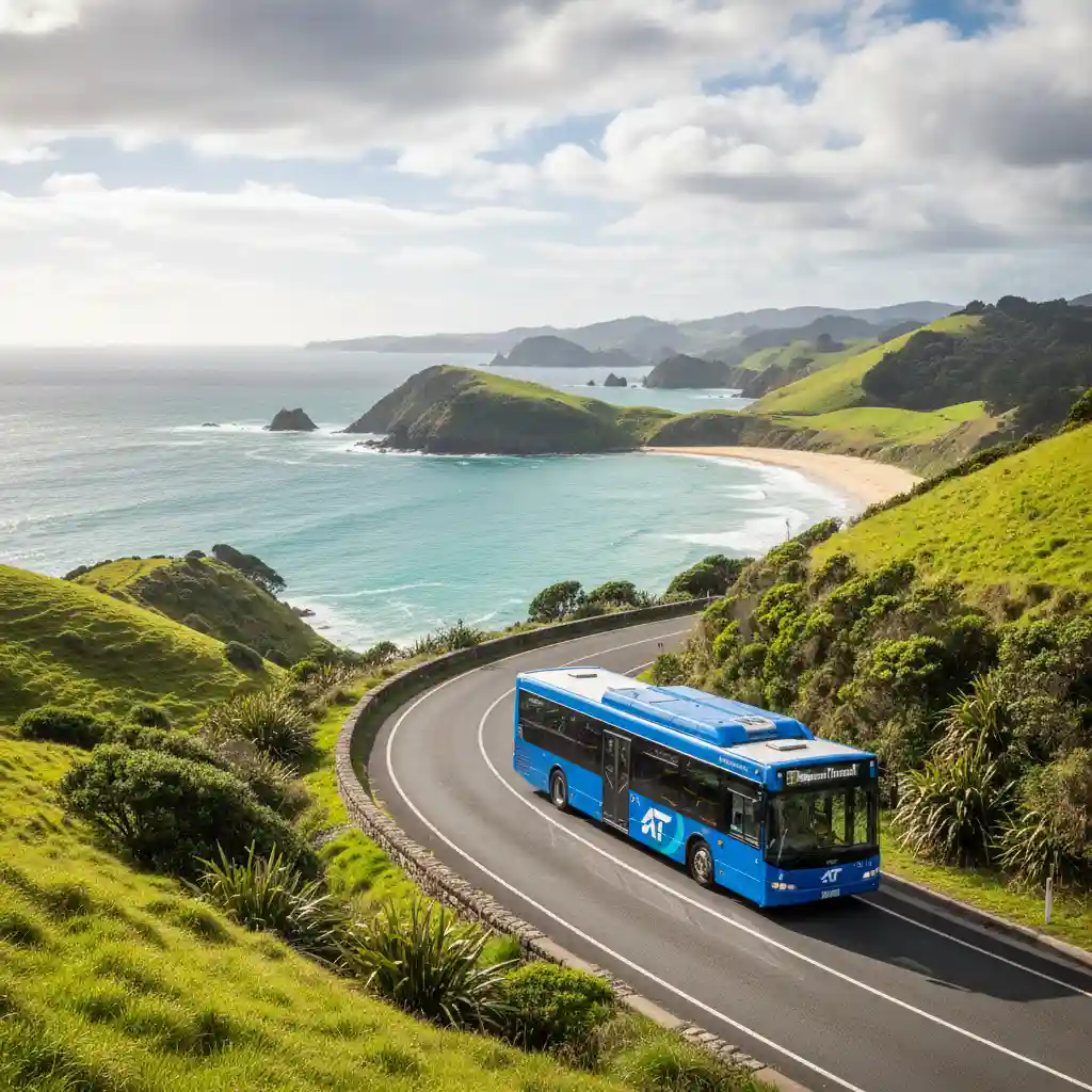 Auckland Transport bus traveling on the coastal route near Leigh