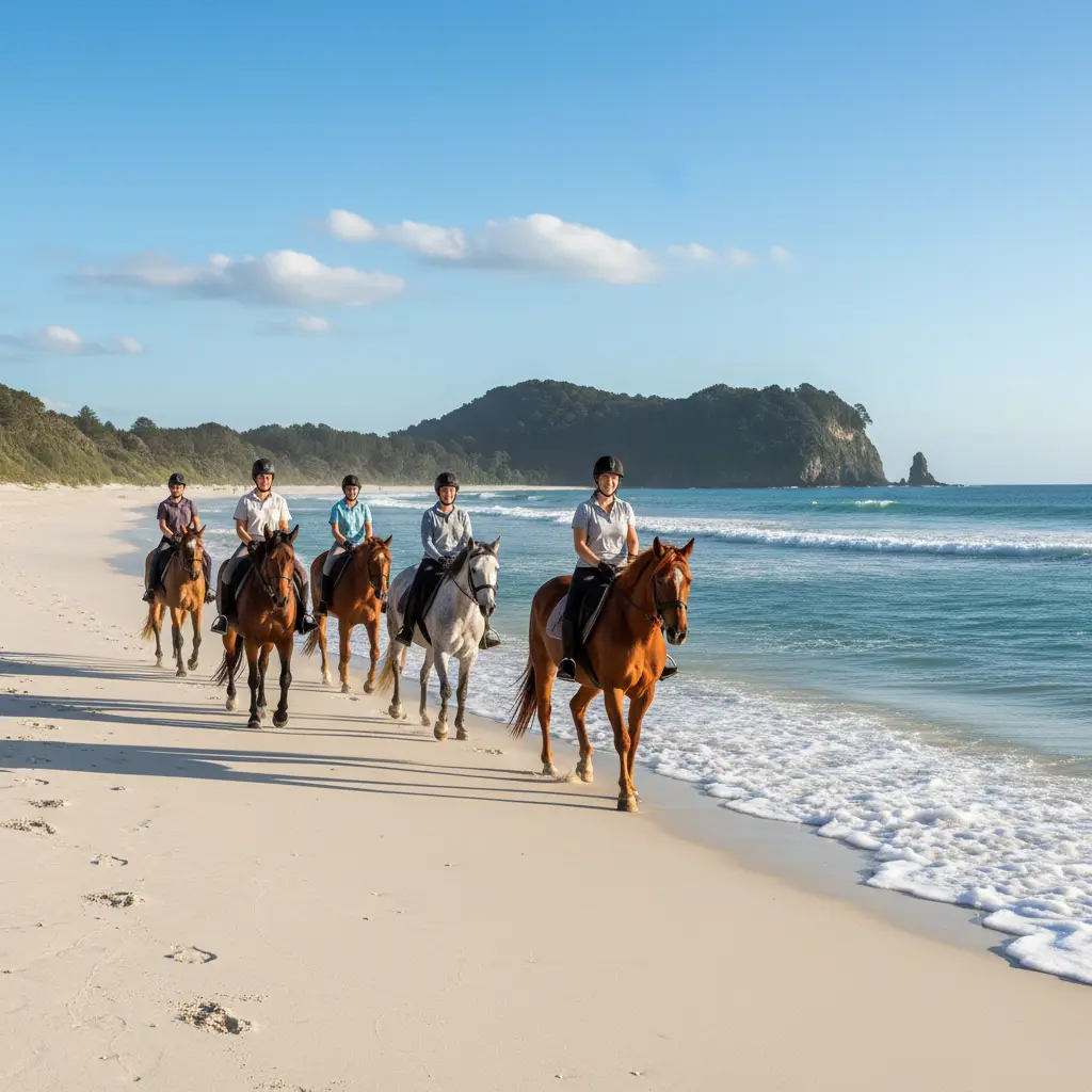 Horse riding Pakiri beach group trot along white sand coastline