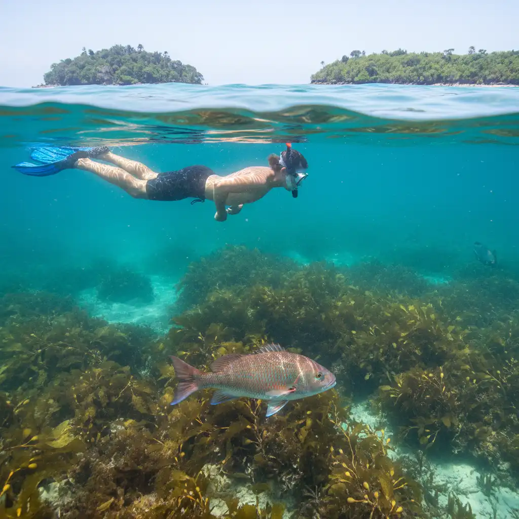 Snorkeler observing marine life at Tawharanui Regional Park