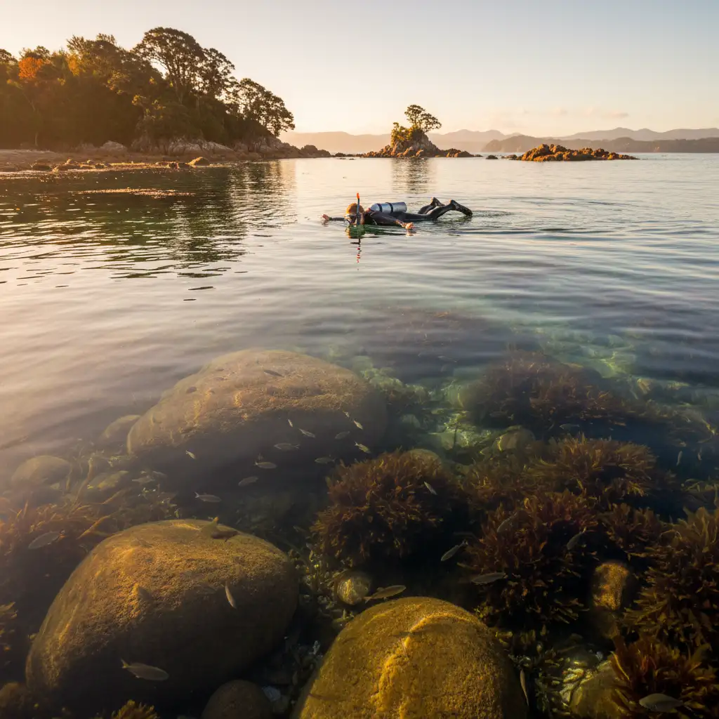 Snorkeler enjoying crystal clear water clarity at Goat Island in autumn