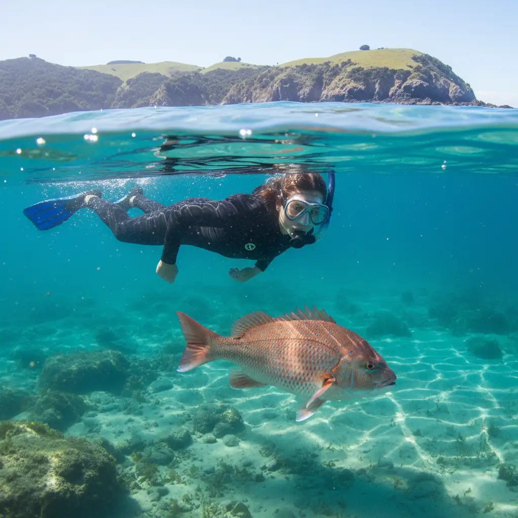 Snorkeler observing large snapper at Goat Island during high tide