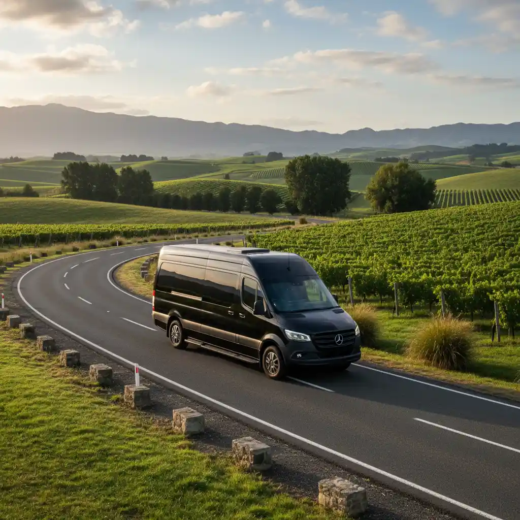 Luxury shuttle bus driving through Matakana wine country