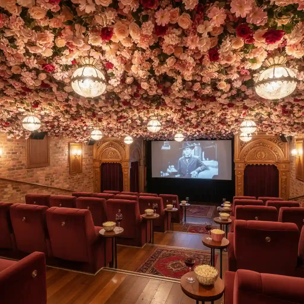 Interior of Matakana Cinemas featuring the famous floral ceiling decoration