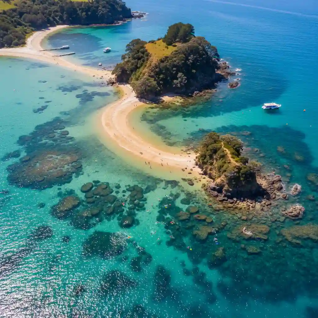 Aerial view of Goat Island Marine Reserve showing clear water and snorkelers