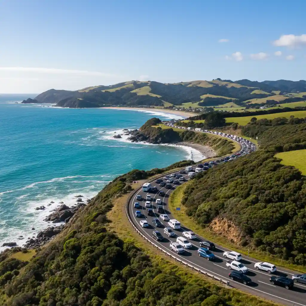 Heavy traffic heading towards Leigh and Goat Island on a public holiday