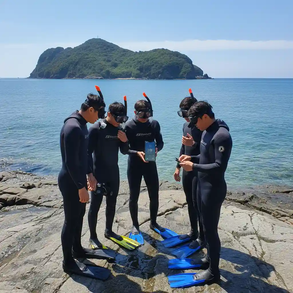 Snorkelers checking marine weather conditions at Goat Island
