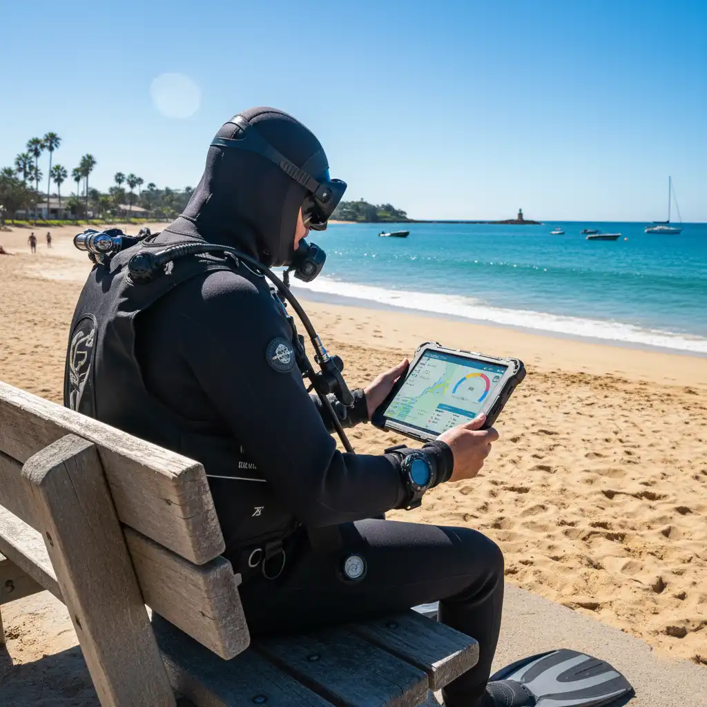 Diver checking Goat Island visibility report and marine forecast