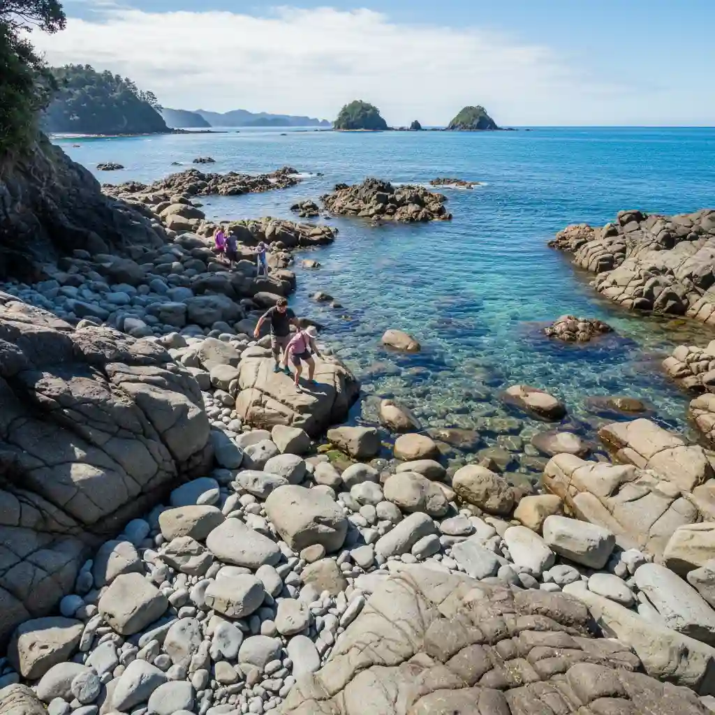 Visitors carefully navigating the uneven boulder beach at Goat Island Marine Reserve