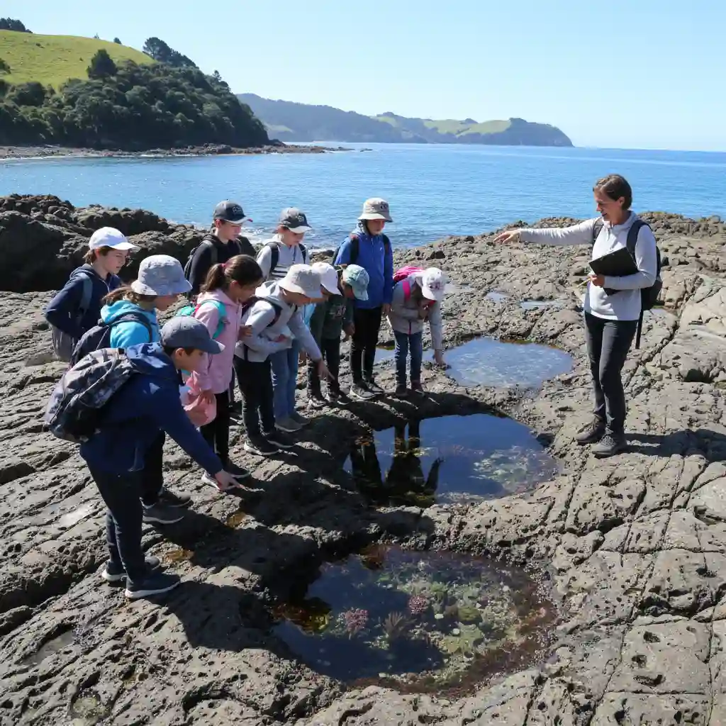 Students exploring intertidal zones during a Goat Island school trip
