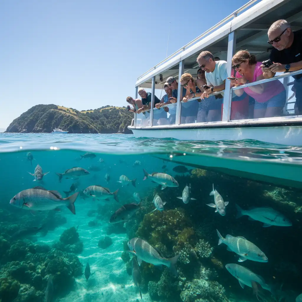 Tourists viewing snapper through the glass bottom boat at Goat Island