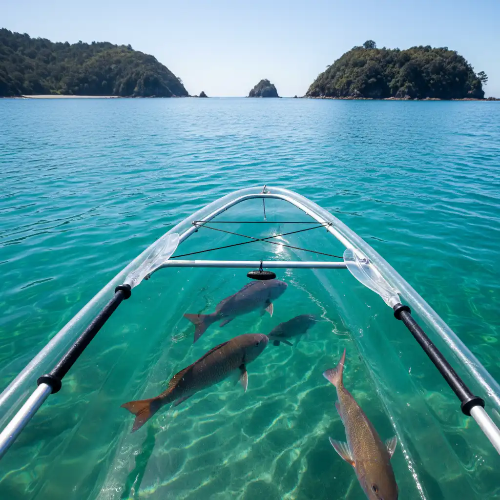 Clear kayak floating on turquoise water at Goat Island with snapper visible below
