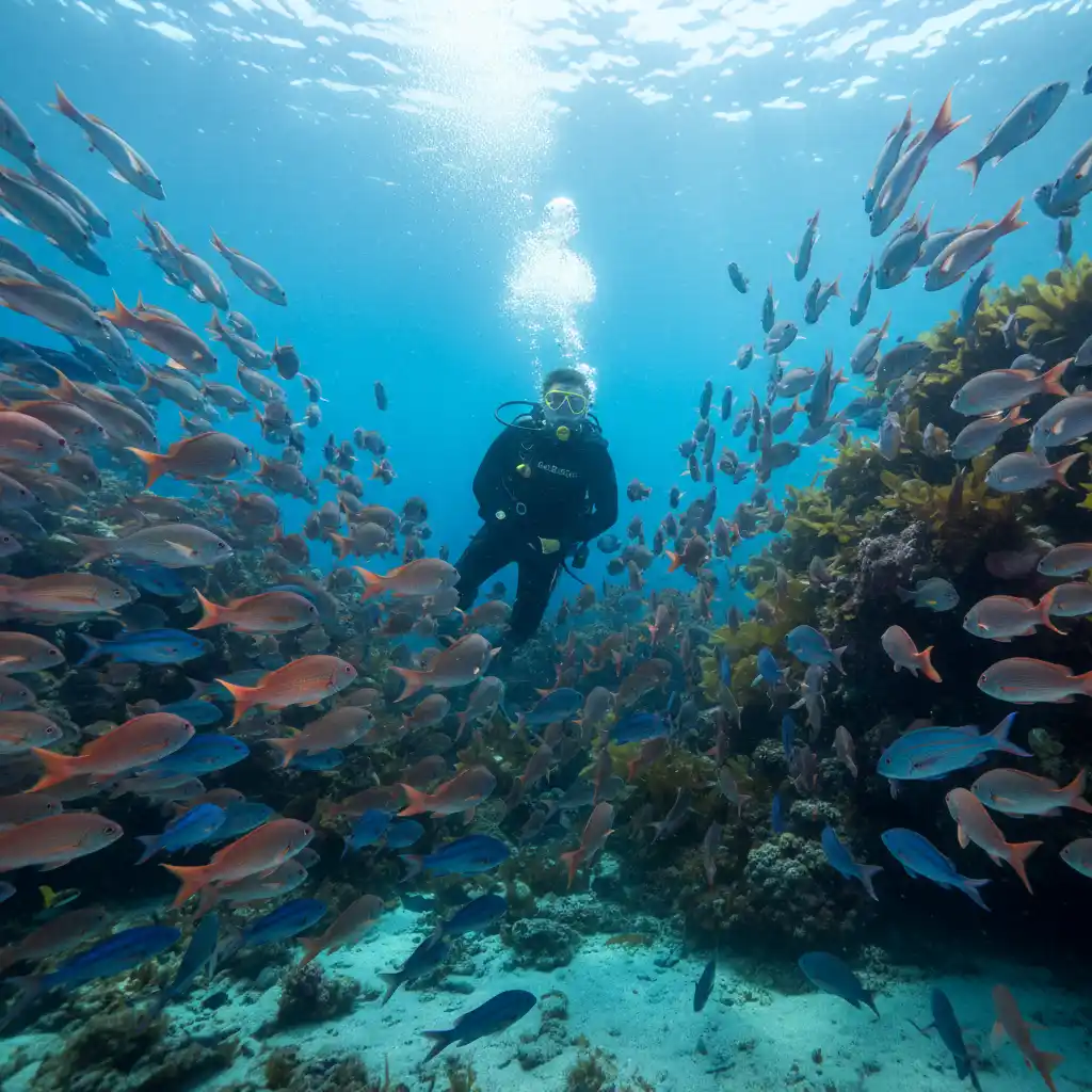 Scuba diver surrounded by snapper at Goat Island Marine Reserve near Leigh