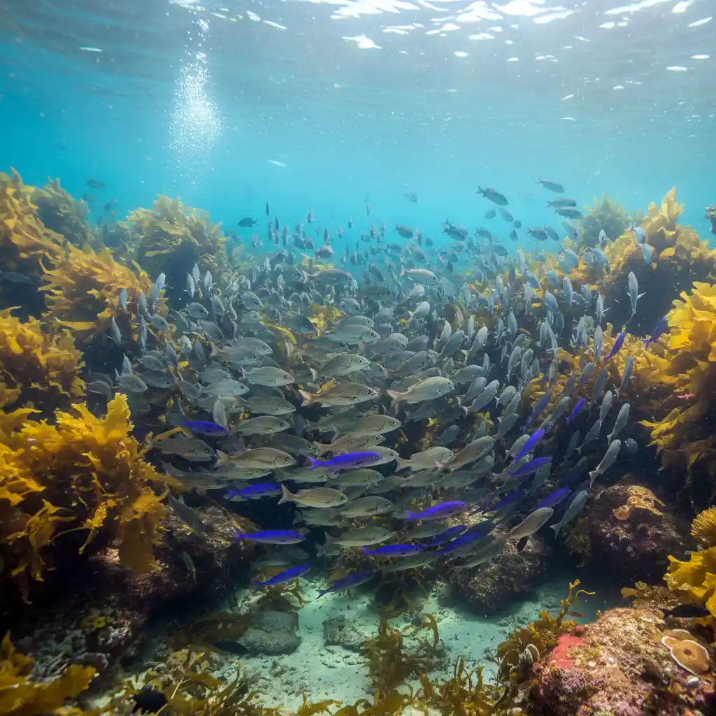 Abundant marine life including snapper and maomao at Goat Island Marine Reserve