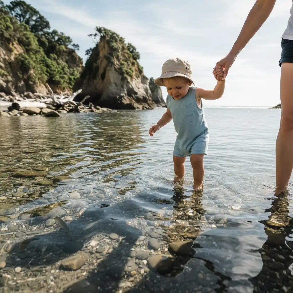 Toddler wading in shallow water at Goat Island Marine Reserve
