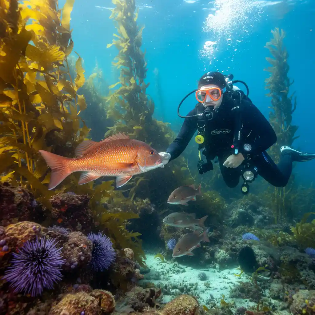 Scuba diver with large snapper at Goat Island Marine Reserve