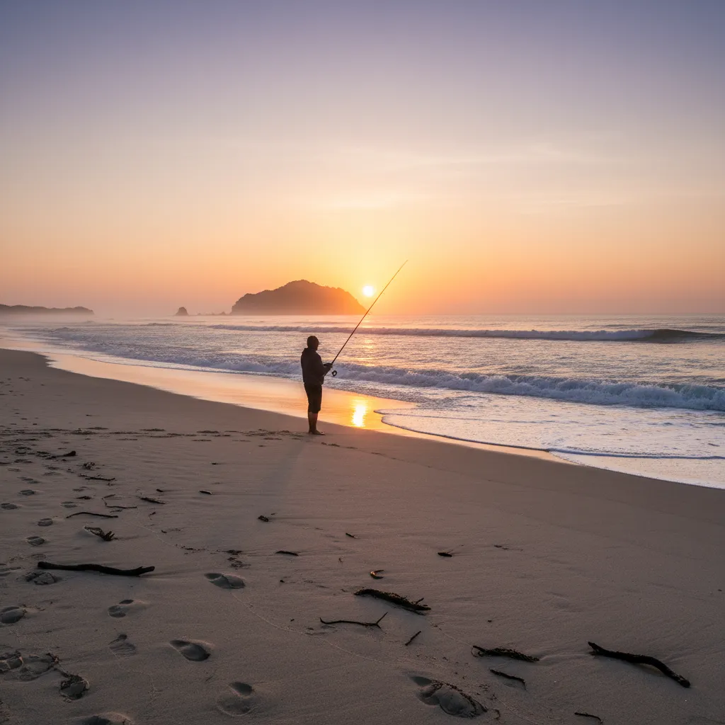Surfcaster fishing at sunrise on Pakiri Beach