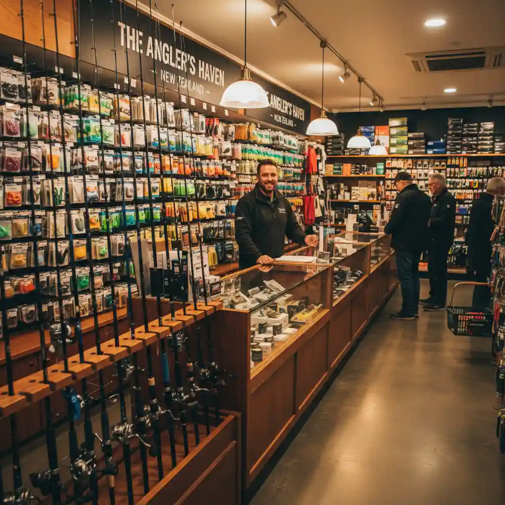 Interior of a premium fishing tackle shop in Warkworth stocked with rods and reels