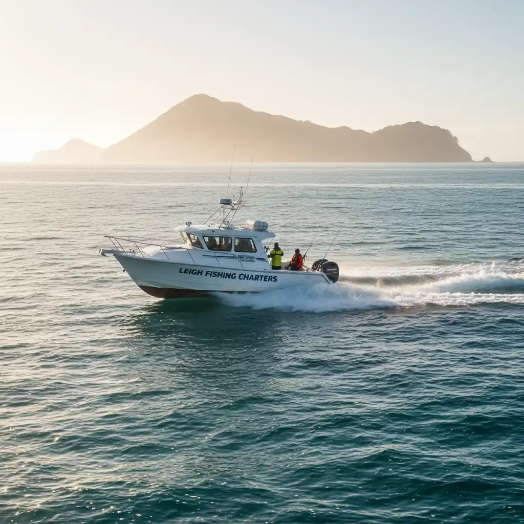 Fishing charter boat navigating the Hauraki Gulf near Leigh NZ