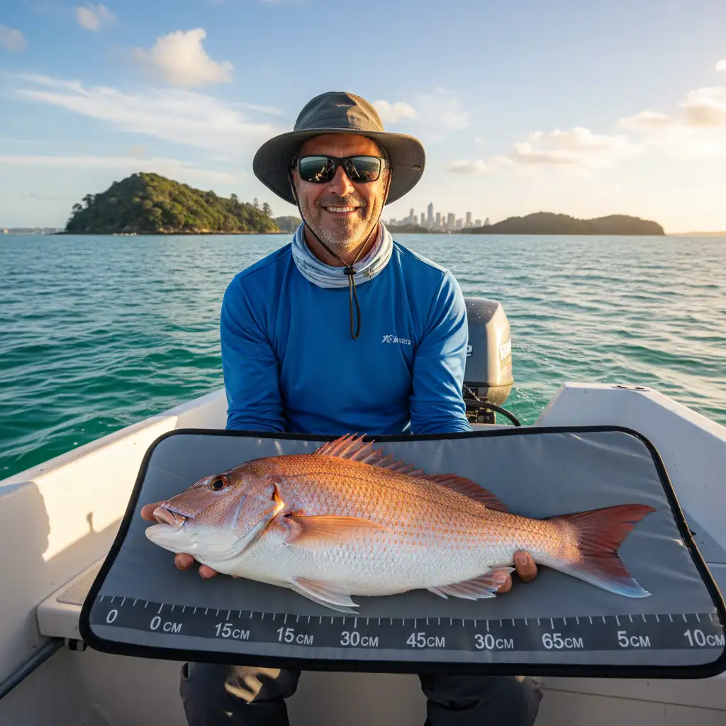 Fisherman measuring a snapper against the 30cm size limit NZ Hauraki Gulf