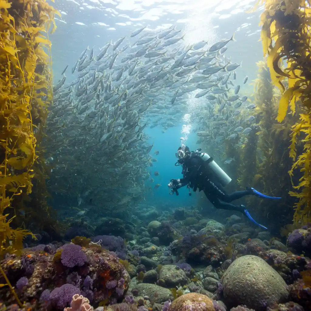 Diver observing fish species in NZ marine reserve