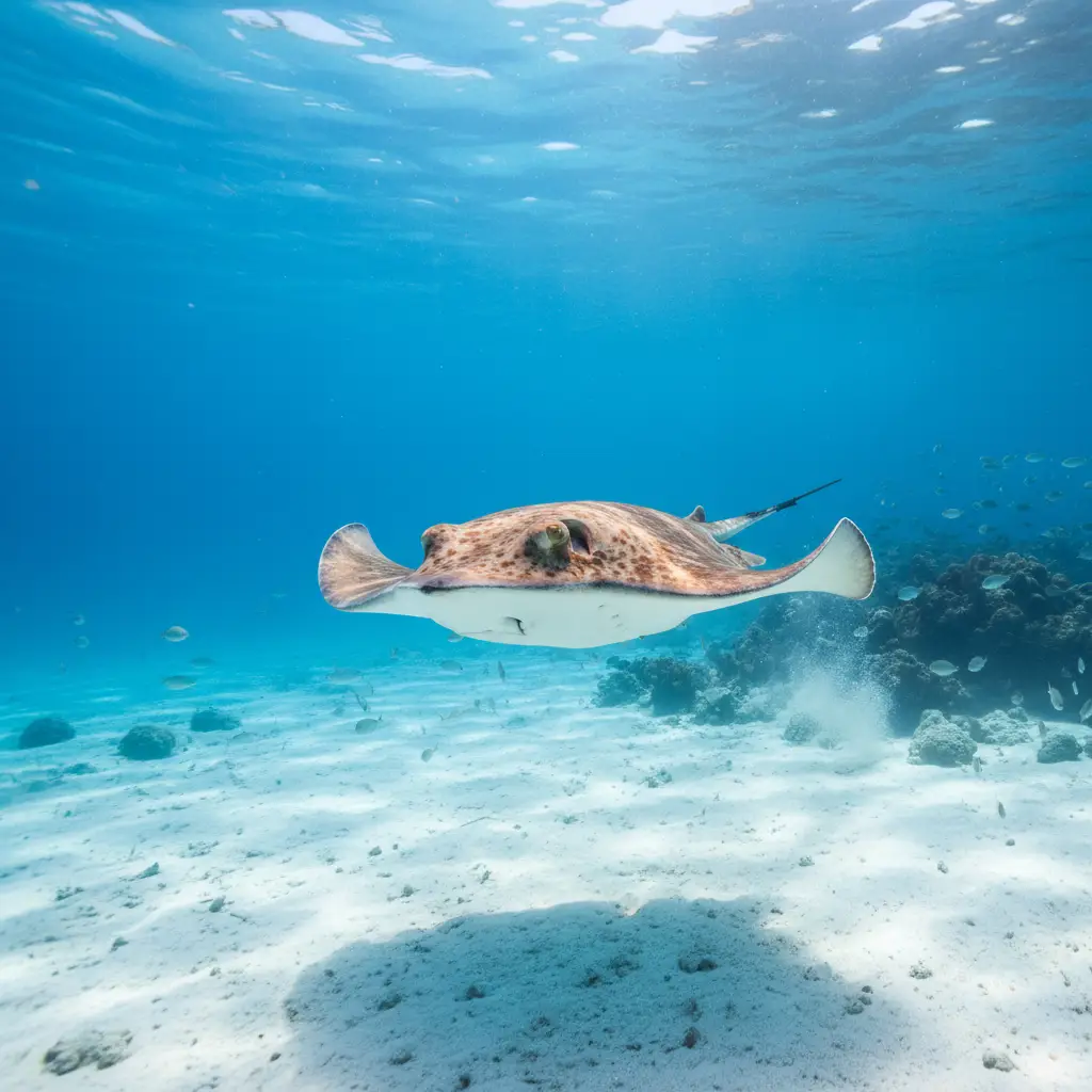 Large Short-tail stingray gliding over the sandy bottom at Goat Island