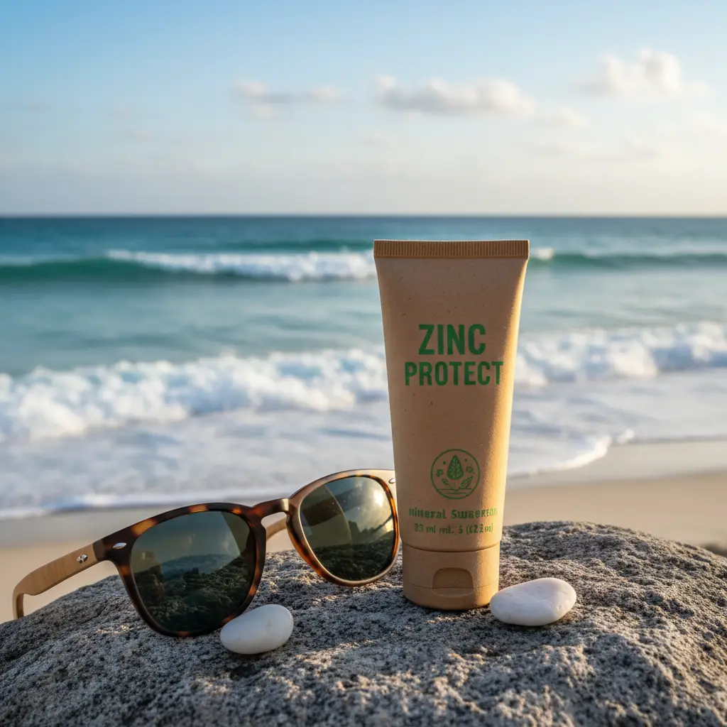 Reef-safe zinc sunscreen and sunglasses at the beach
