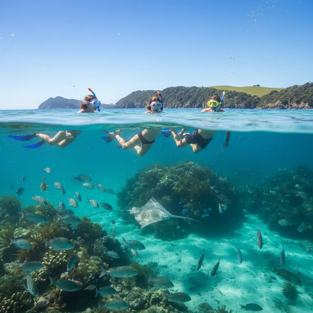 Family snorkeling safely at Goat Island Marine Reserve